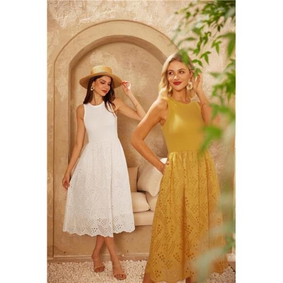 Women's Summer Sleeveless Tank Midi Dress Cotton Crewneck Dress with Pockets - Picture 3 of 6